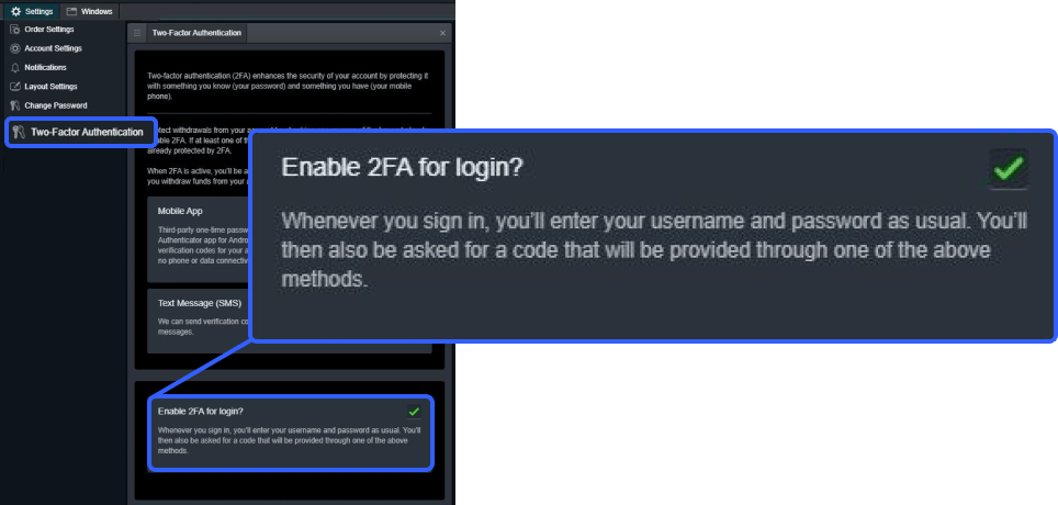 Two-factor authentication (2FA) on the NextGen CFD desktop platform